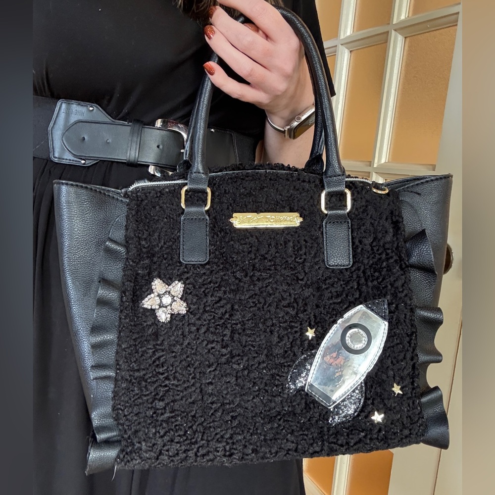 Betsey Johnson Black Sherpa Rocket Tote – Space Theme – Large - Picture 2 of 8